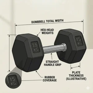 A black rubber hex head fixed to a solid steel straight handle dumbbell.