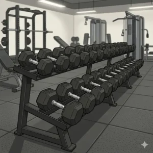 Rows of heavy duty straight handle dumbbell equipment in a modern commercial gym.