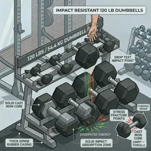 Technical illustration showing the impact-resistant cast iron core of dumbbells 120 lbs.