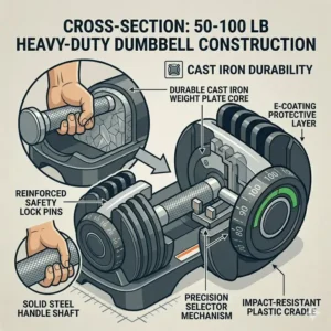 A cross-section illustration showing the heavy-duty cast iron construction of this dumbbell set 50 100.