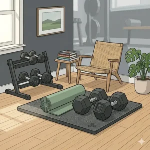 Modern home gym interior featuring a 60 lb dumbbell set next to a workout mat.