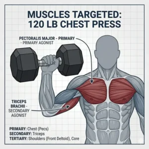 Muscle activation chart highlighting the primary targets when using a 120 pound dumbbell.