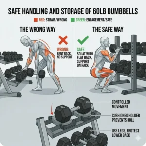 A safety guide showing how to lift and store a 60lb dumbbell to prevent injury.