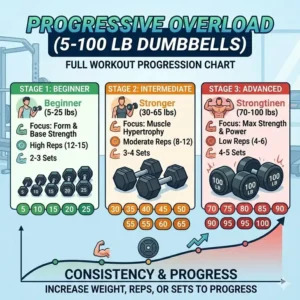 Illustration 7: A workout progression chart demonstrating how to use dumbbells 5 100 for strength gains.