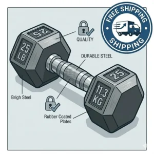Detailed graphic of durable steel construction dumbbells free shipping available now.