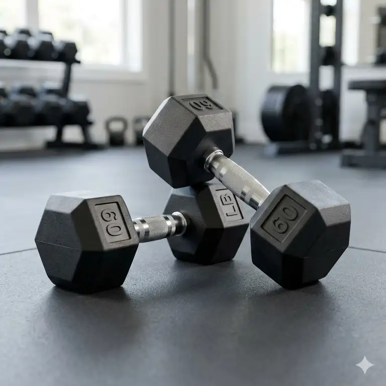 Featured Image: Professional shot of a heavy-duty 60 lb dumbbell pair on a gym floor for strength training.