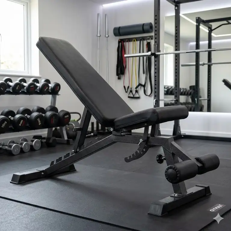 Professional adjustable weight bench decline set up in a modern home gym for chest training.
