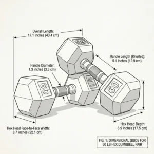 Illustration 1: Technical diagram showing the exact dimensions and length of a hex 60 lb dumbbell pair.