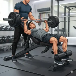 A fitness enthusiast performing a barbell press using the weight bench decline to target lower pectorals.