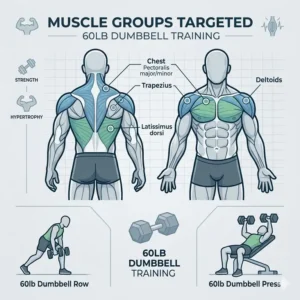 Illustration 1: Muscle anatomy chart highlighting the primary muscle groups targeted during a 60lb dumbbell training session.