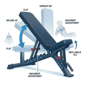 Diagram showing various angle settings and positions of an incline adjustable bench.