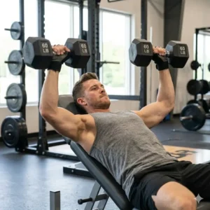 An athlete performing a heavy chest press with 60 lb dumbbells for sale in a home gym.