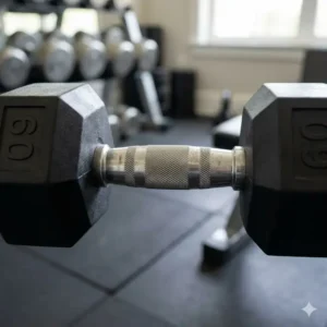 Close-up of the non-slip steel grip of 60 pound dumbbells for sale.