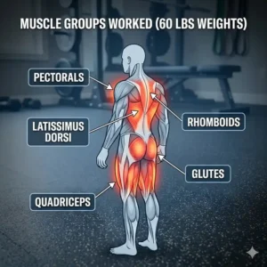 Anatomical diagram showing the specific muscle groups targeted when training with 60 lbs weights.