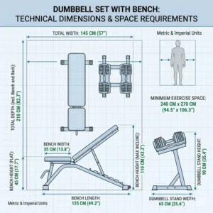 Detailed technical dimensions and floor space requirements for a standard dumbbell set with bench.