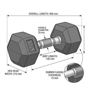 Technical diagram showing the specific dimensions of an 80 lb dumbbell pair.