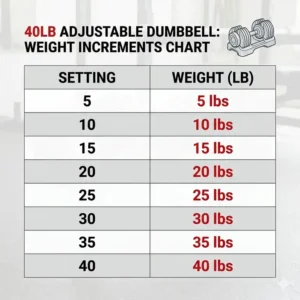 A clear chart detailing the specific weight increments for the 40lb dumbbell set.
