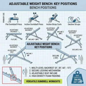 Illustration showing the various incline and decline positions available on an adjustable dumbbell set with bench.