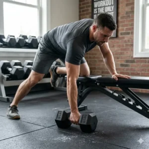 A man performing heavy rows with high-quality 60 pound dumbbells for sale.