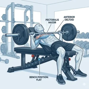 A person demonstrating a flat chest press using an incline adjustable bench.