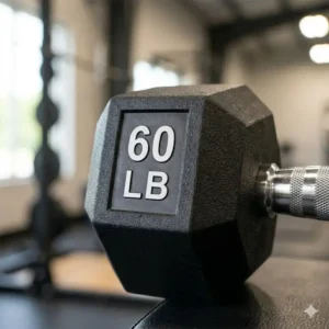 Close-up detail of the weight numbering on the head of 60 lb dumbbells for sale.