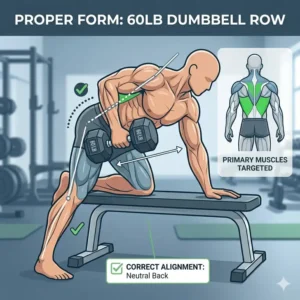 Illustration 2: Fitness diagram demonstrating the correct posture and alignment for a single arm row using a 60lb dumbbell.