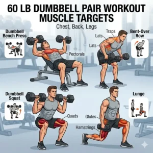 Illustration 2: Muscle group infographic demonstrating exercises like squats and rows using a 60 lb dumbbell pair.