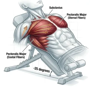 Anatomical diagram showing the primary muscles activated when using a weight bench decline for strength training.