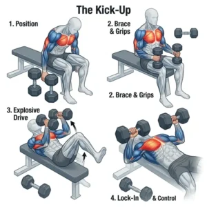 Step-by-step guide on how to safely kick up 90 pound dumbbells for a bench press.