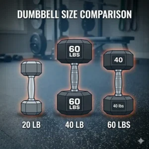 A visual scale comparison showing the physical size difference of 60 lbs weights versus lighter dumbbells.