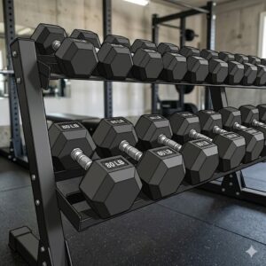 A heavy-duty weight rack holding an 80 lb dumbbell pair in a home gym setting.