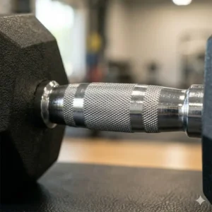 The knurled chrome handle of these 60 lb dumbbells for sale provides a secure and comfortable grip.
