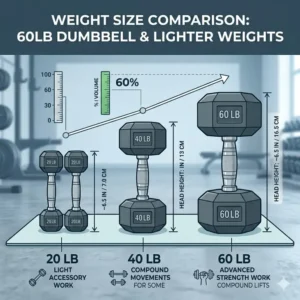 Illustration 3: A visual weight scale comparing the physical size of a 60lb dumbbell to lighter 20lb and 40lb options.