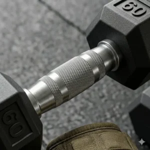 Illustration 3: Close-up of the ergonomic knurled chrome handle found on this 60 lb dumbbell pair.