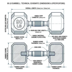 Technical schematic showing the exact measurements and handle diameter of 90 pound dumbbells.