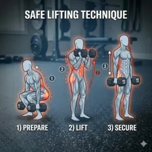 Instructional guide demonstrating the correct ergonomic posture for picking up 60 lbs weights safely.