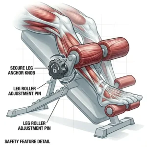 Close-up technical detail of the adjustable leg rollers on a weight bench decline for maximum stability.