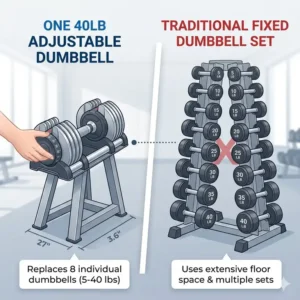 A comparison diagram illustrating the space-saving benefit of an adjustable dumbbell versus multiple fixed dumbbells.