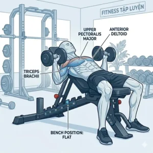 Proper form for an upper chest dumbbell press on an incline adjustable bench at 45 degrees.
