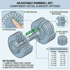 Close-up detail of the weight selection dial and interlocking plates of an adjustable dumbbell set with bench.