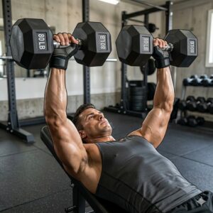 Male athlete performing a heavy chest press exercise using an 80 lb dumbbell pair.