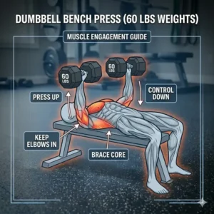 Detailed illustration of an athlete performing a dumbbell chest press using 60 lbs weights.