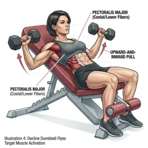 Step-by-step guide to performing dumbbell flyes on a weight bench decline to improve chest definition.