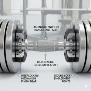 A focused view on the ergonomic handle design for a secure grip on the adjustable dumbbell.