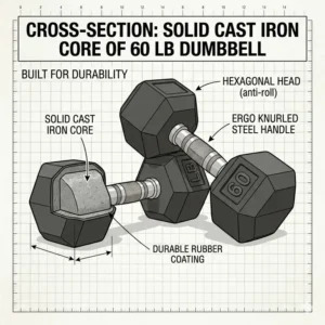 Illustration 4: A compact home gym weight rack neatly holding a professional 60 lb dumbbell pair.