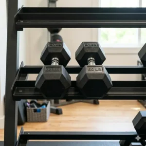 Heavy-duty 60 lb dumbbells for sale organized neatly on a professional weight storage rack.
