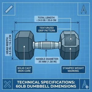 Illustration 4: Technical blueprint showing the handle diameter and head width specifications of a standard 60lb dumbbell.