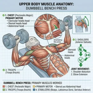 Anatomical diagram showing the primary muscles worked when performing exercises with a dumbbell set with bench.