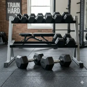 A organized weight rack featuring a set of 60 pound dumbbells for sale.