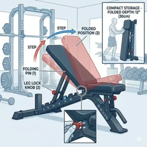 Space-saving design showing a foldable incline adjustable bench for easy storage.